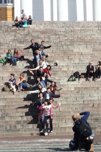 Fun Chinese tourists at the Helsinki Cathedral.