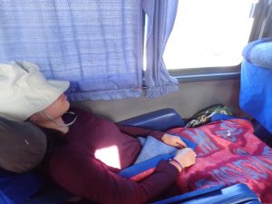 Jackie sleeping. Overnight bus to Sucre. 